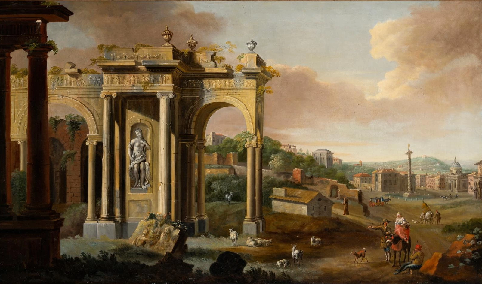 Veduta di Roma con rovine classiche e personaggi